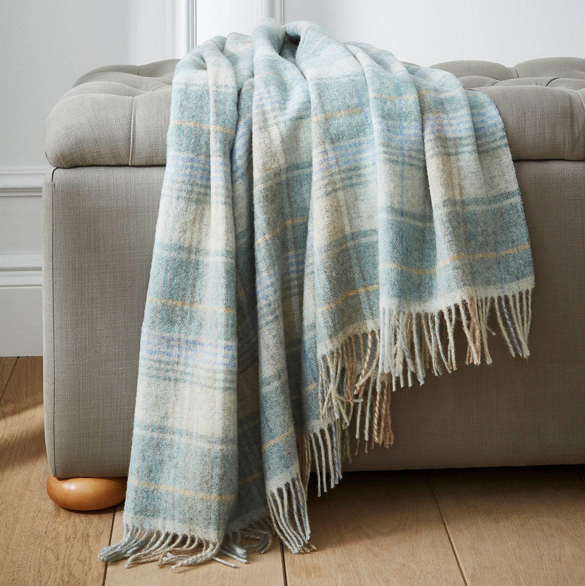 Cranbourne Check Tartan Throw By Laura Ashley In Duck Egg Blue